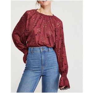 Free People Womens Olivia Blouse Wine Red Floral Long Sleeve Keyhole Lace Large